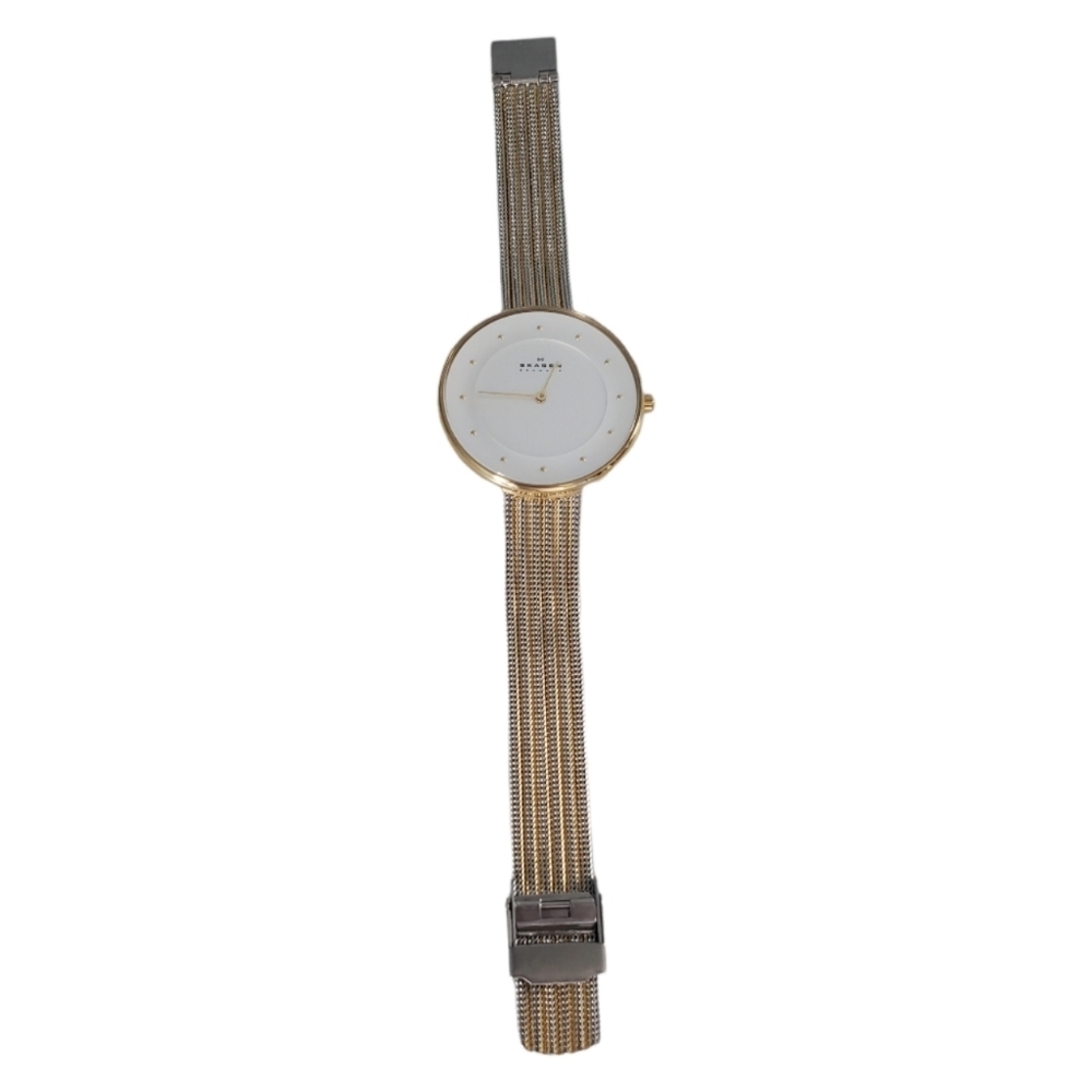 Skagen Denmark Two Toned Silvertone and Goldtone Large White Faced Watch